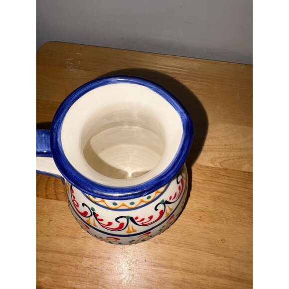 Handpainted Ceramic Pitcher Colorful Bold Vibrant 6" Blue Rim Handle Vase Spain - Picture 8 of 8